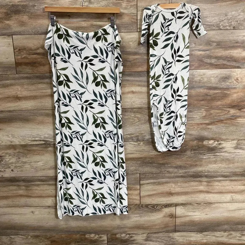 Milkmaid Goods Swaddle, Hat, Knotted Gown, Headwrap Set in Oliver sz 0-3m Green 0-3m Used