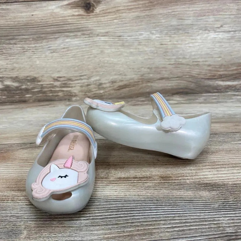 Mini Melissa Glitz Unicorn Mary Janes sz 6c Ivory 6c Used