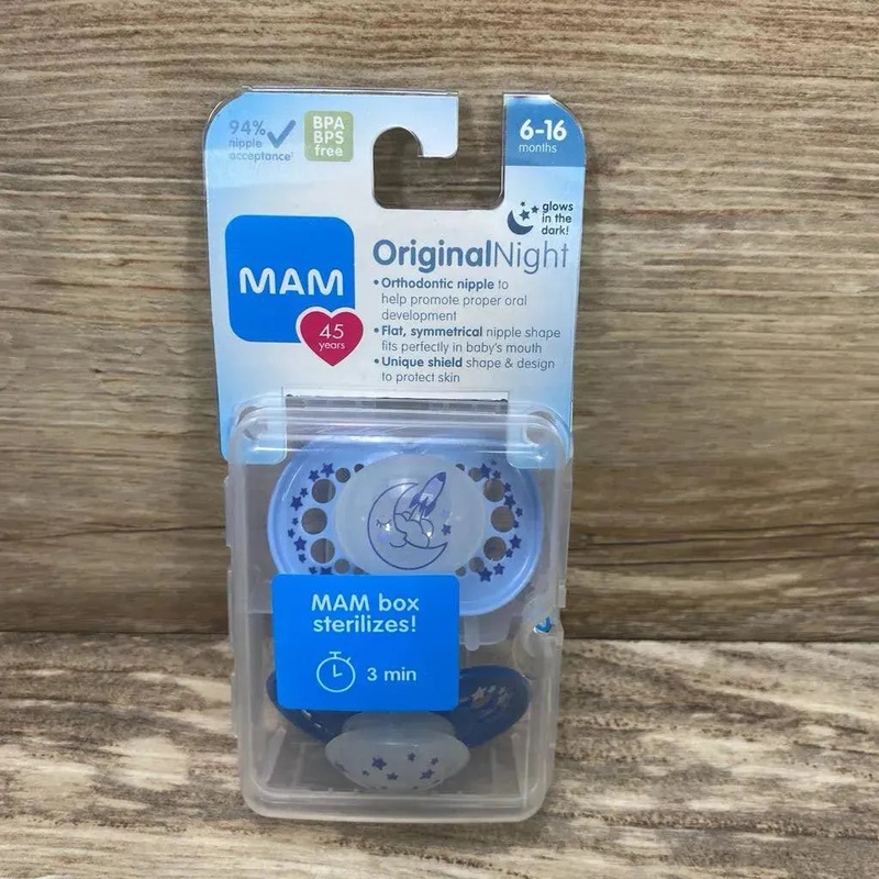 NEW MAM 2pk Original Night Pacifiers Blue 6-16m New