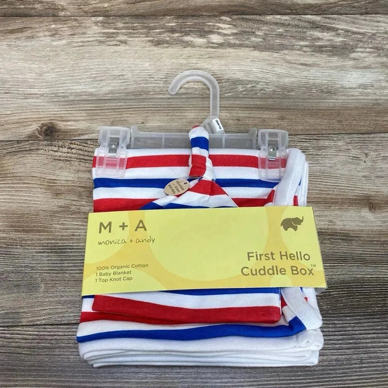 NEW Monica + Andy Organic Blanket & Knot Cap Red/Blue New