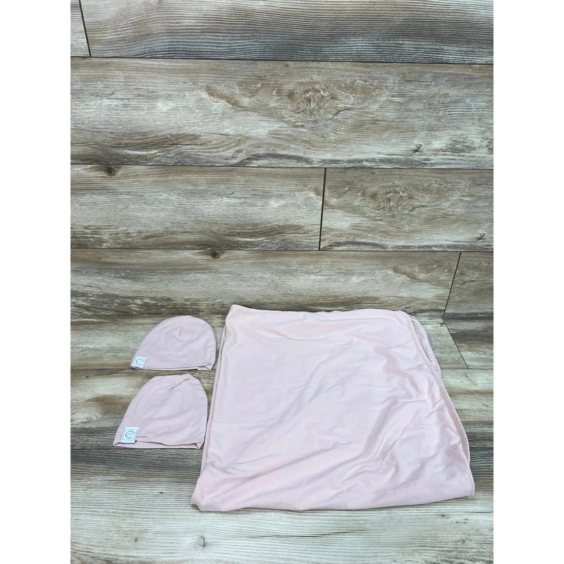 Ely’s & Co. Cotton Knit Jersey Swaddle Blanket and 2 Beanies Blush Pink Newborn