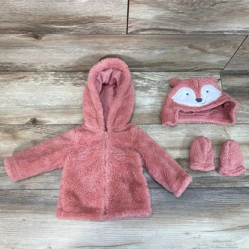 Just One You 3pc Fox Hoodie+ Mittens + Hat Set sz 0-3m Pink 0-3m Used
