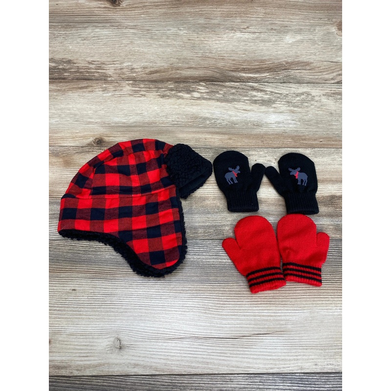 NEW Simple Joys Hat & Mitten Set in Black Red Buffalo Check sz 2T-5T