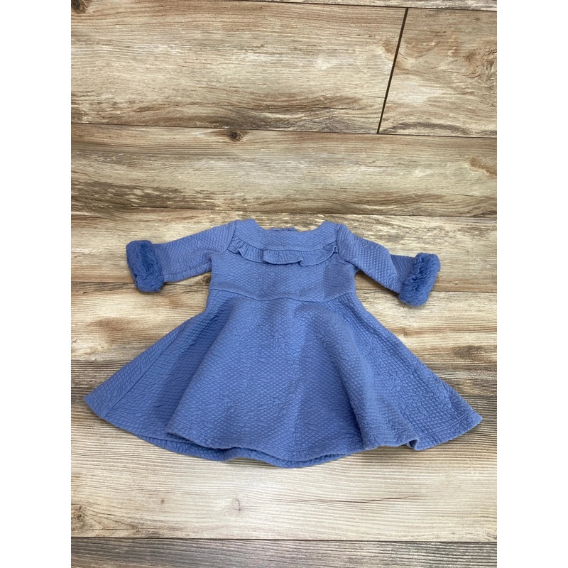 Janie & Jack Country Blue Floral Jacquard Faux Fur Cuff Dress sz 18-24m