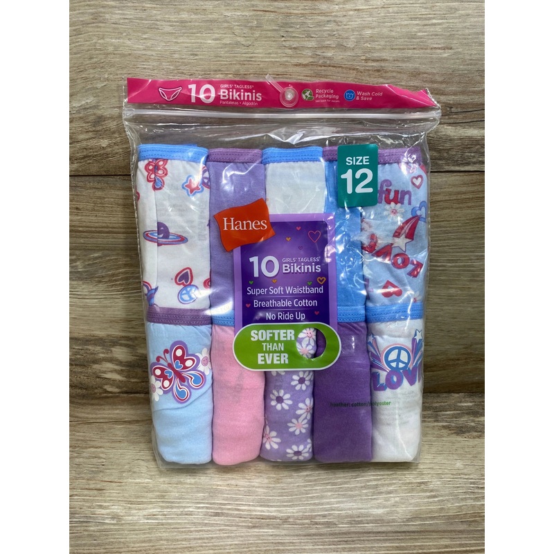 NEW Hanes Girls’ 10pk Tagless Low Rise Briefs sz 12