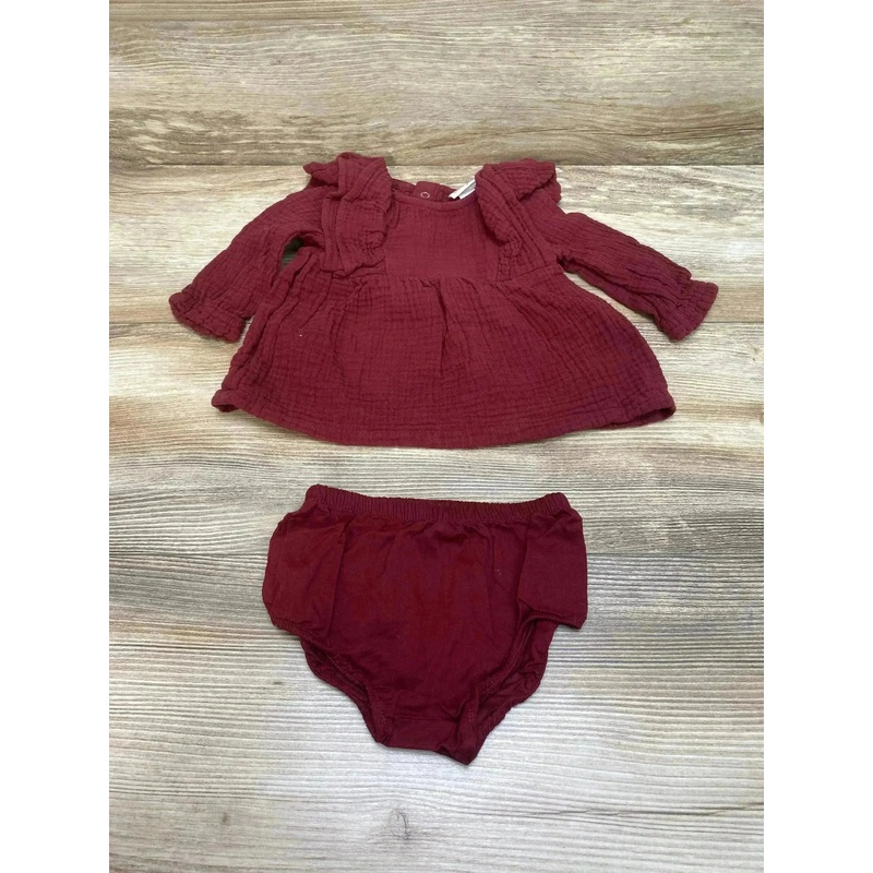 Cat & Jack 2pc Muslin Ruffle Dress & Bloomers Burgundy sz 0-3m
