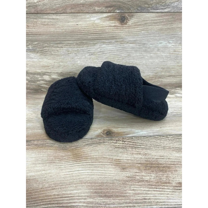 Cat & Jack Avi Single Strap Fur Slippers Black sz 9c/10c
