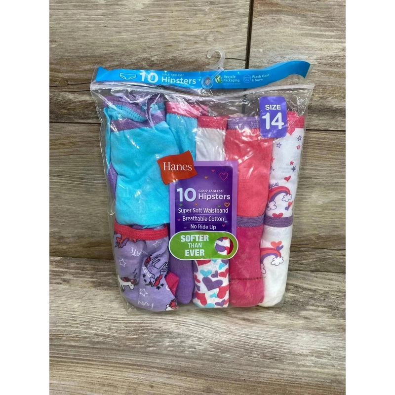 NEW Hanes 10Pk Girls Tagless Hipsters sz 14