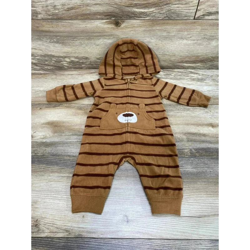 Just One You Striped Fleece Hooded Coverall Brown sz 3m