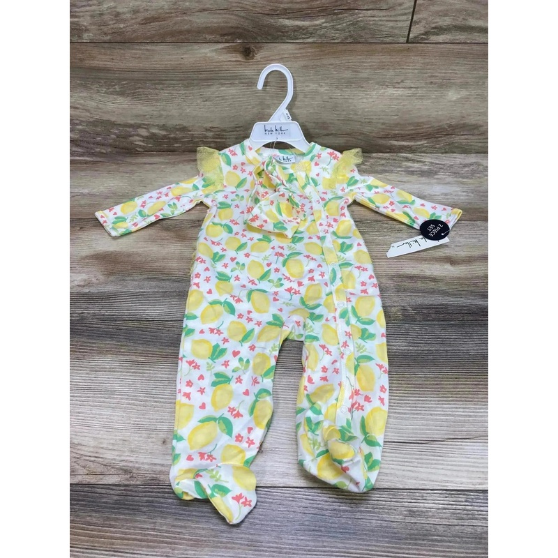 NEW Nicole Miller 2pc Lemon Print Coverall & Headband White sz 6-9m