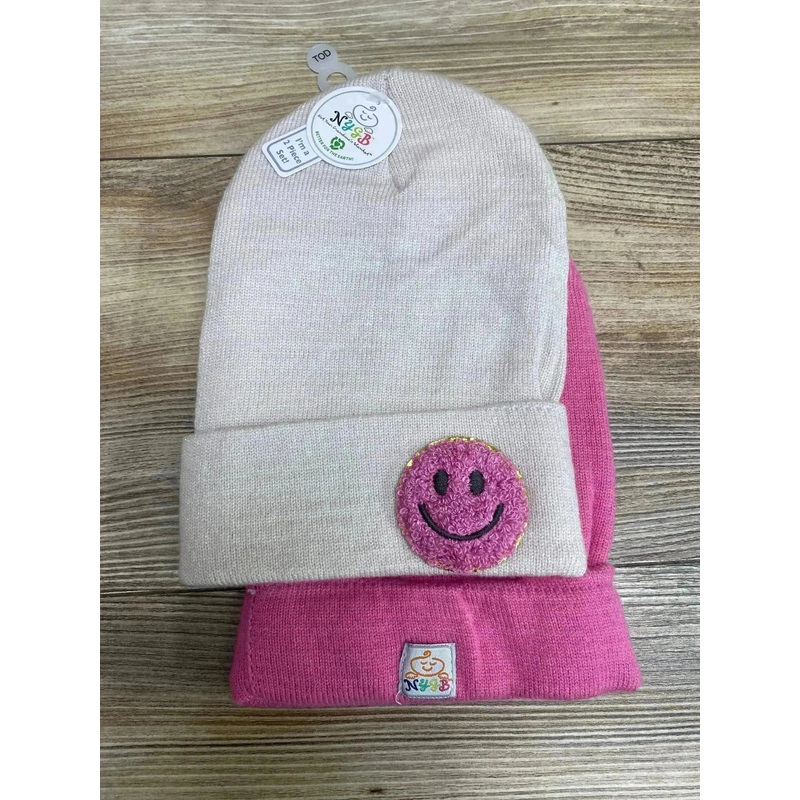 NEW NYGB 2Pk Pink/Beige Happy Face Beanies Sz 12-24m