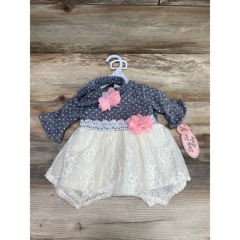 NEW Little Lass 3pc Polka Dot Dress Set Grey sz 12m