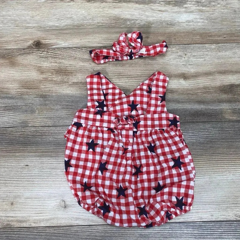 Cat & Jack 2pc Gingham Stars Romper & Headband sz 3-6m Red 3-6m Used