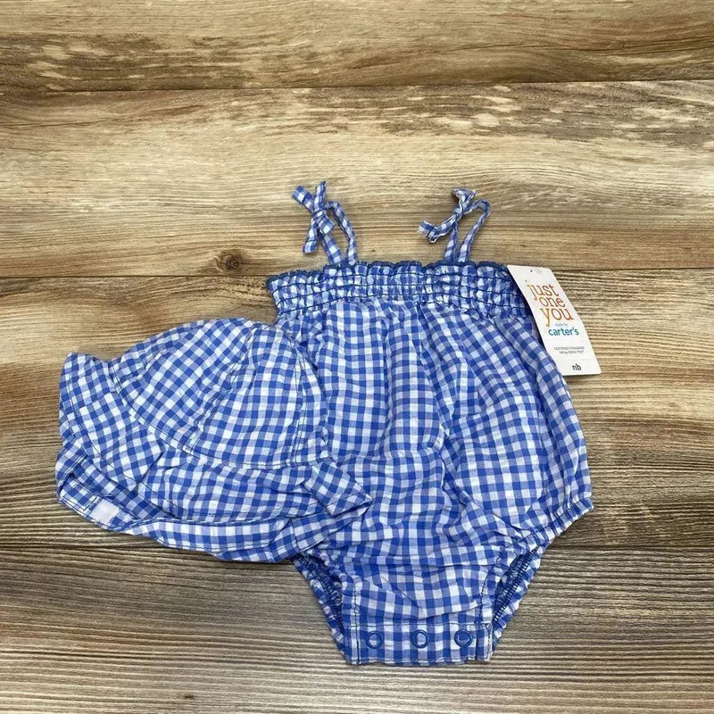 NEW Just One You 2pc Gingham Sunsuit & Hat sz NB Blue NB New