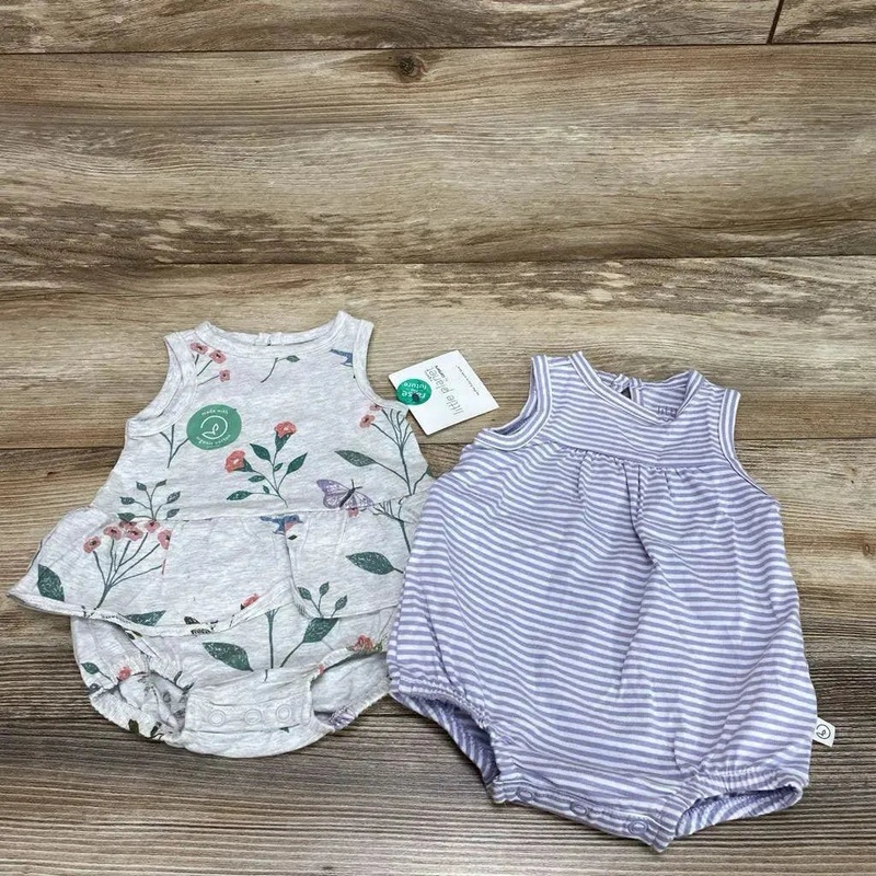 NEW Little Planet 2pk Organic Tank Rompers Rain Botanical sz NB Grey/Purple NB New