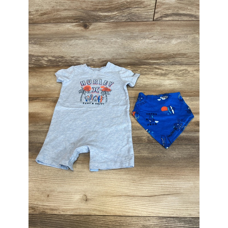 Hurley 2pc Surt & Enjoy Shortie Romper & Bib Blue sz 12m