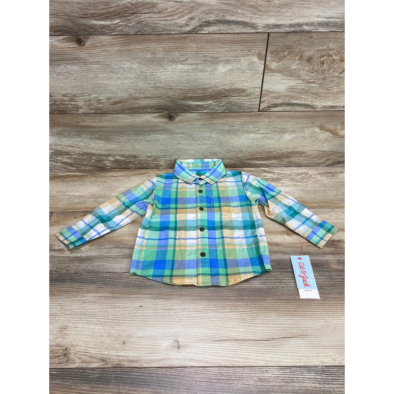 NEW Cat & Jack Plaid Button-Up Shirt Green sz 2T