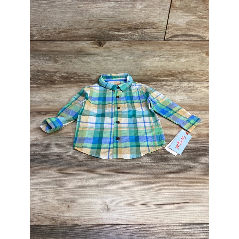 NEW Cat & Jack Plaid Button-Up Shirt Green sz 18m