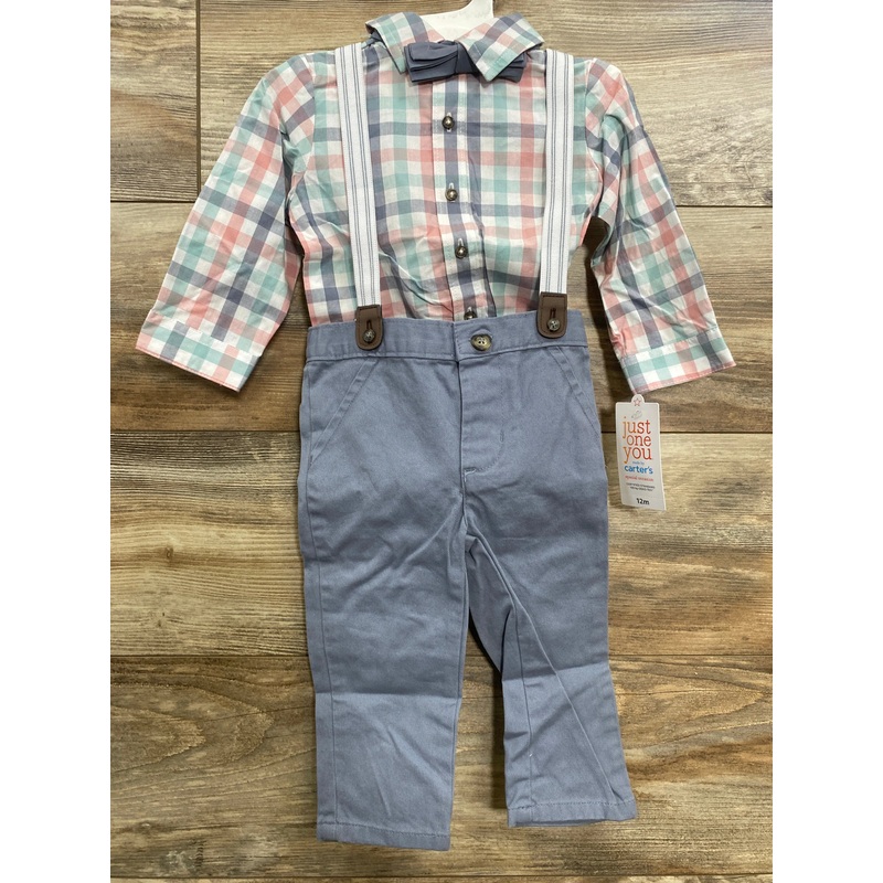 NEW Just One You 4pc Plaid Button-Up Suspender Set White sz 12m