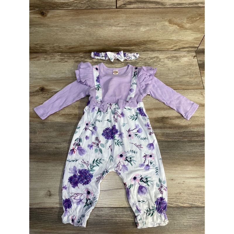 NEW Rosebear 2pc Floral Coverall & Headband Set Purple sz 9m 9m Purple
