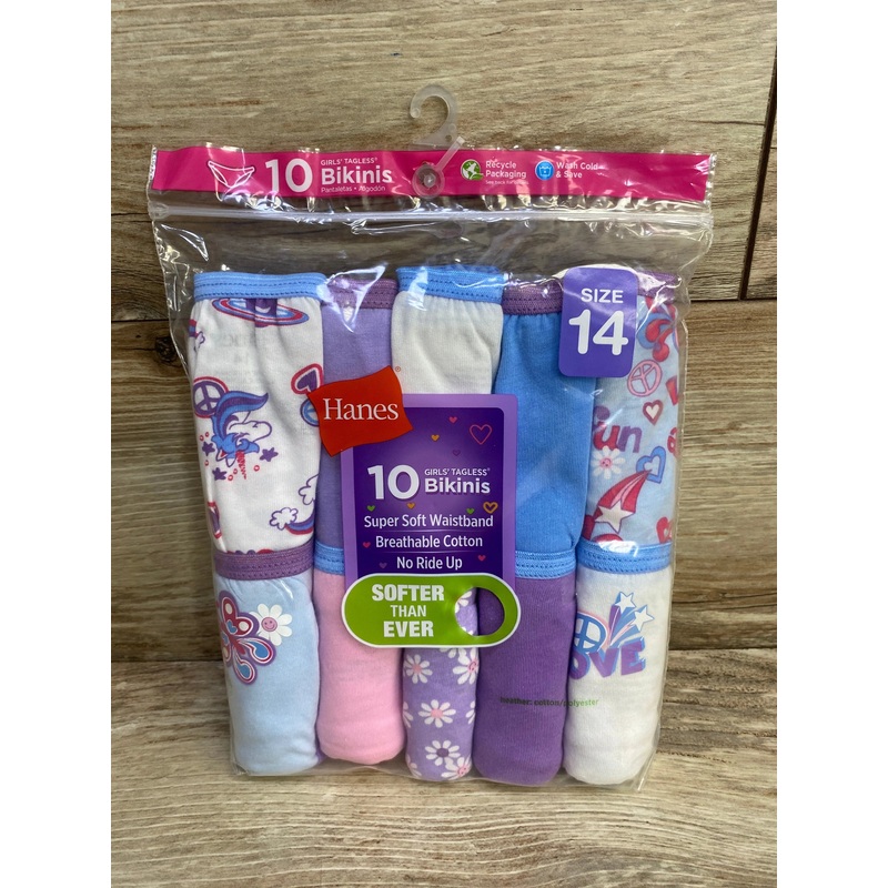 NEW Hanes 10Pk Girls’ Tagless Bikinis sz 14