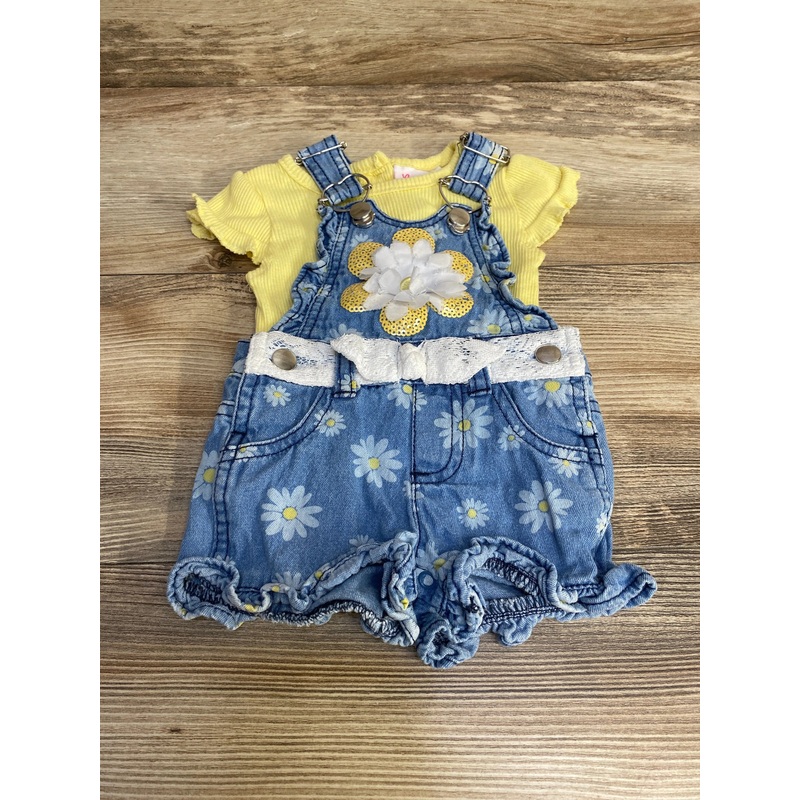 Little Lass 2pc Ribbed Shirt & Shortall Set Yellow/Blue sz 0-3m Yellow Newborn