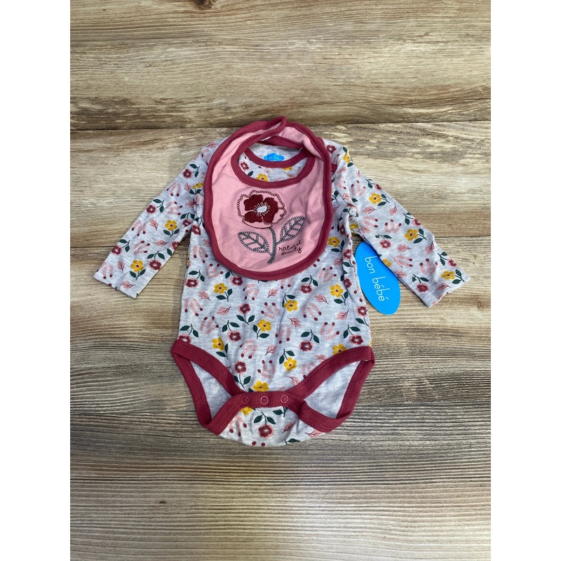 NEW Bon Bebe 2pc Floral Bodysuit & Bib Grey sz 6-9m Grey 6m