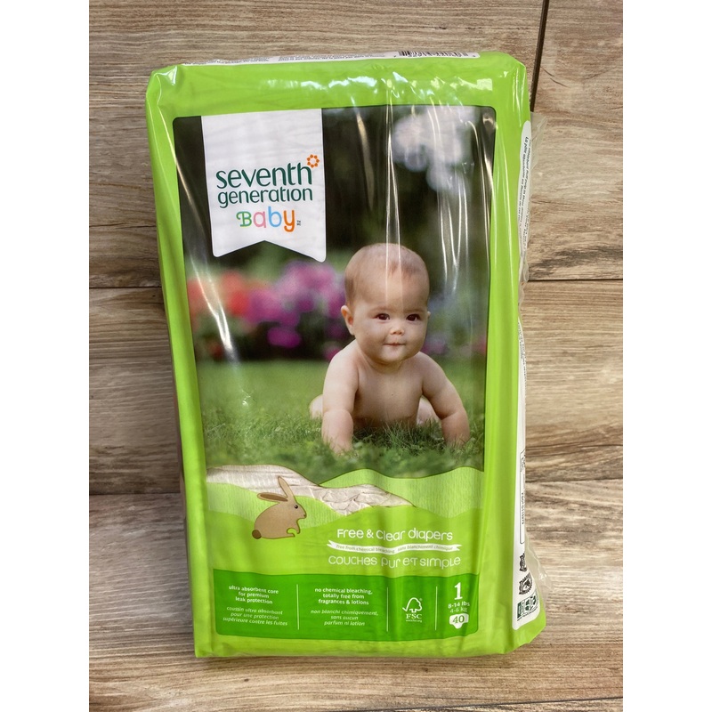 NEW Package of Seventh Generation Baby Diapers, Free & Clear, 40ct.  Size 1