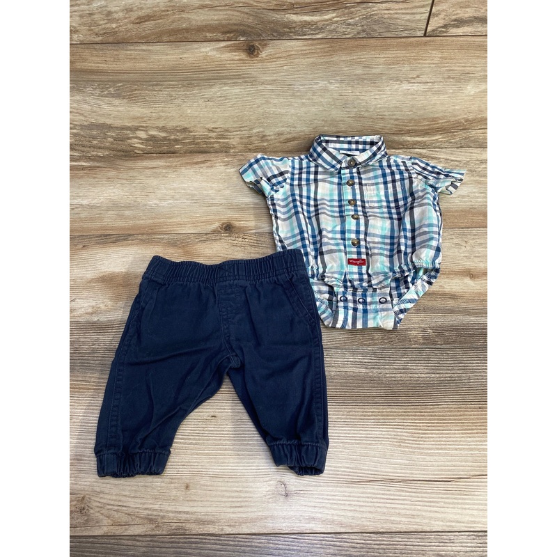 Wrangler 2pc Plaid Button Up Bodysuit & Pants White sz 3m Blue Newborn