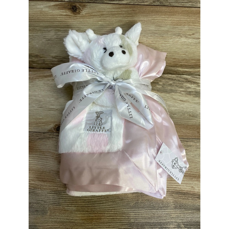 NEW Little Giraffe Powder Plush Deluxe Dot Blanket + Little G Rattle Pink