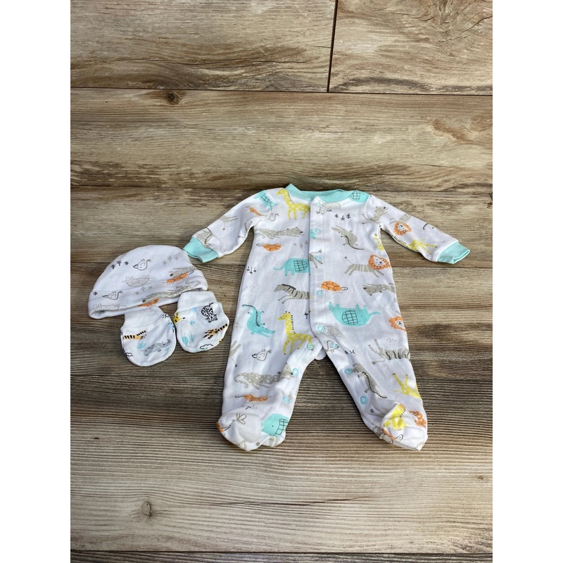 Mikey & Lottie 3pc Animal Print Sleeper + Hat + Mittens White sz 0-3m White Newborn