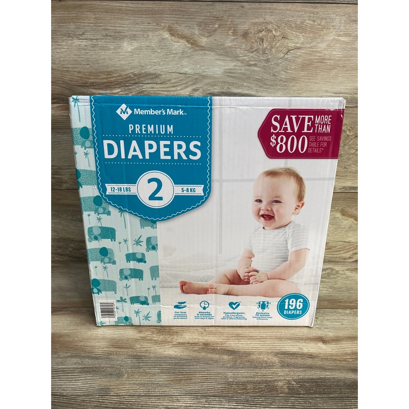 NEW Box of Member’s Mark Premium Baby Diapers 196ct, Size 2