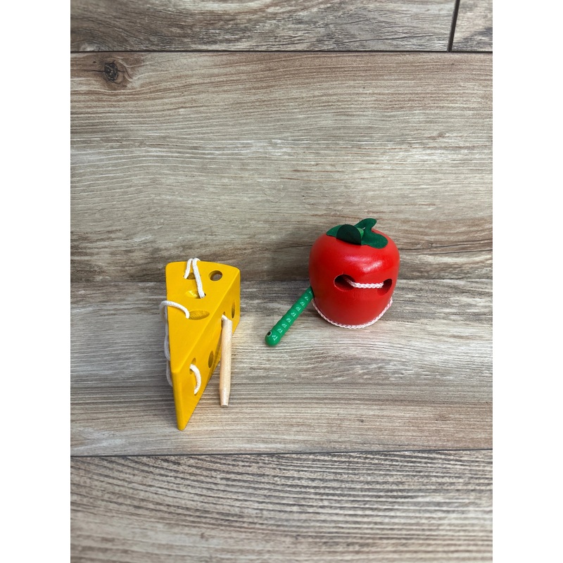 Early Development Montessori Wooden Lacing Apple & Cheese Toy