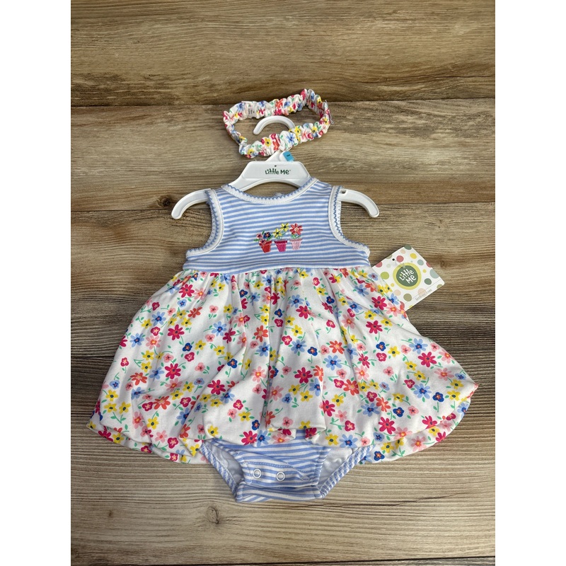 NEW Little Me 2pc Striped Floral Bodysuit Dress & Headband White sz 6m White 6m