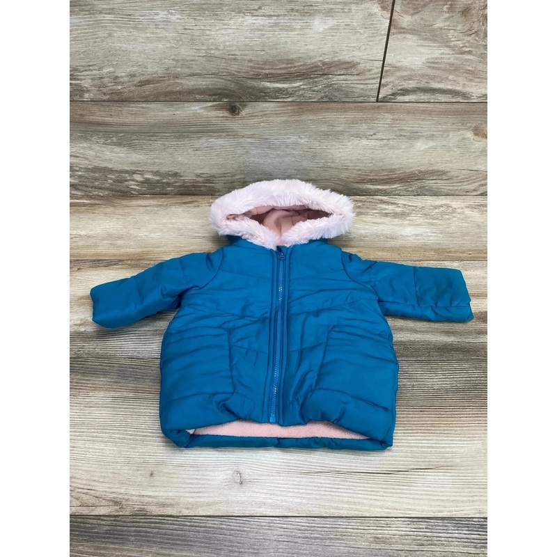 First Impressions Faux Fur Trim Hooded Jacket Teal sz 0-3m