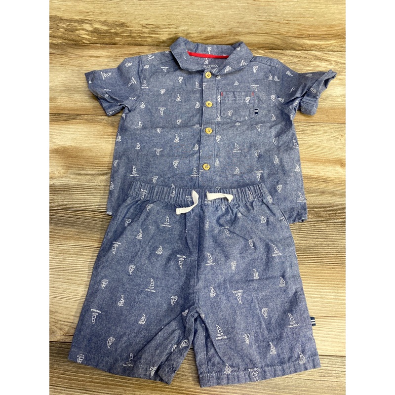 Nautica 2pc Chambray Button Up Shirt & Shorts Blue sz 24m Blue 24m
