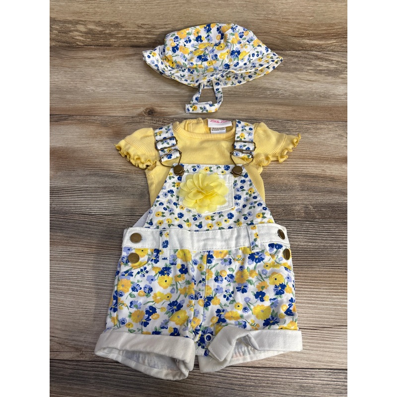 Little Lass 3pc Floral Denim Shortall Set White/Yellow sz 0-3m White Newborn