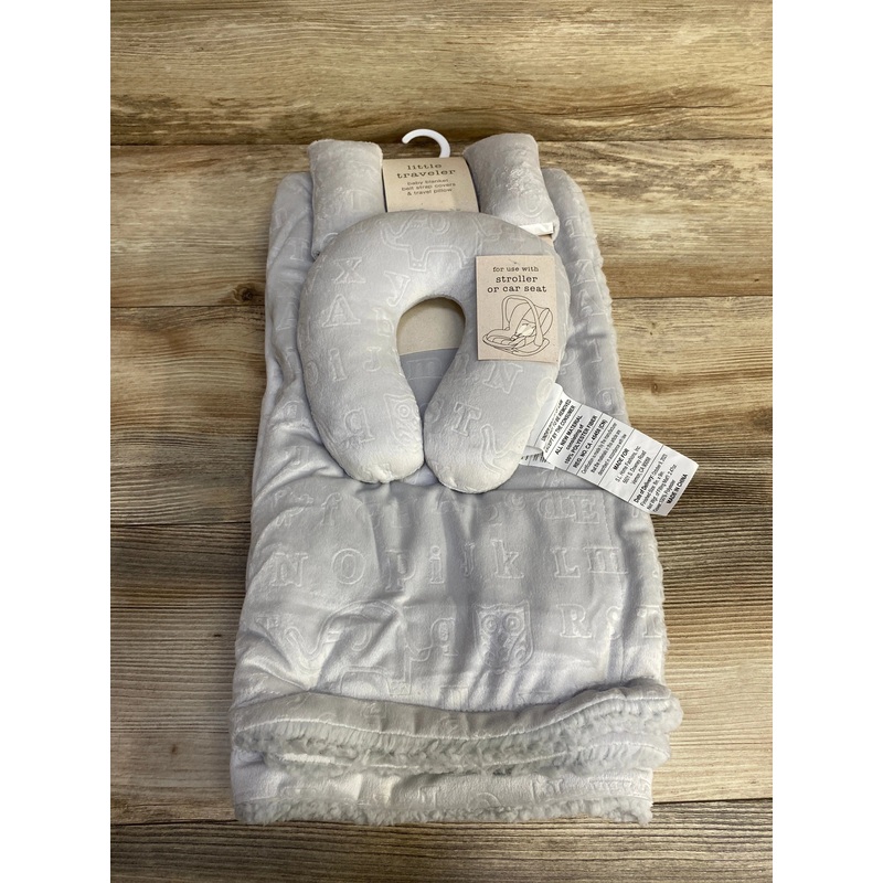NEW Little Traveler Baby Blanket, Belt Straps & Travel Pillow, Grey