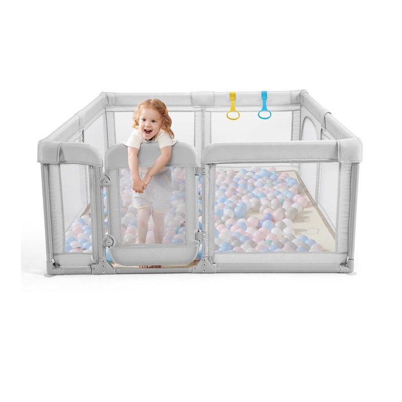Extra Large Playpen with Safety Gate, Light Grey