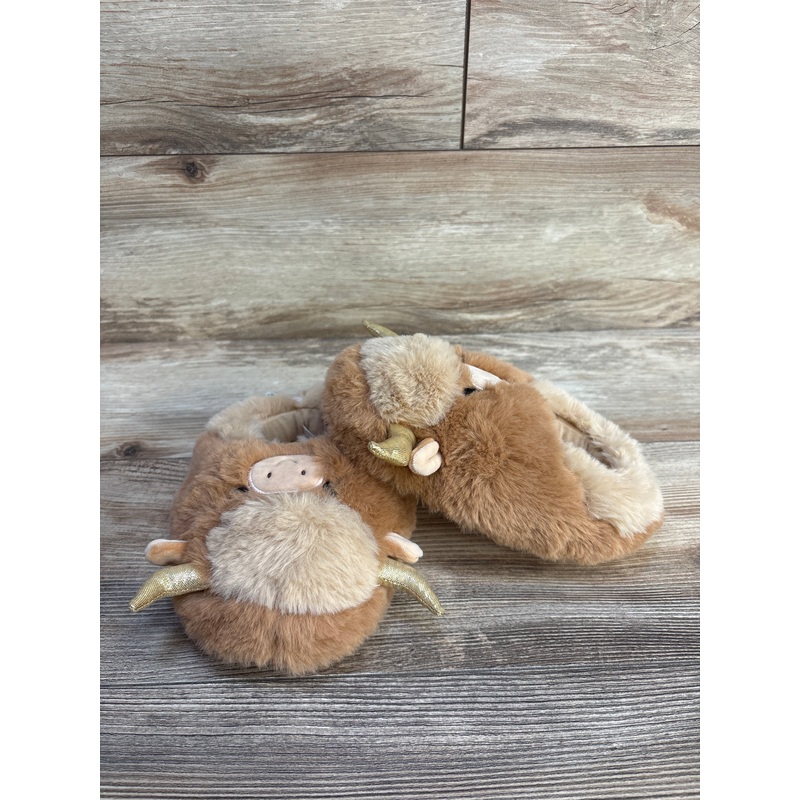Fuzz-A-Mallows Highland Cow Slippers Brown sz 13c