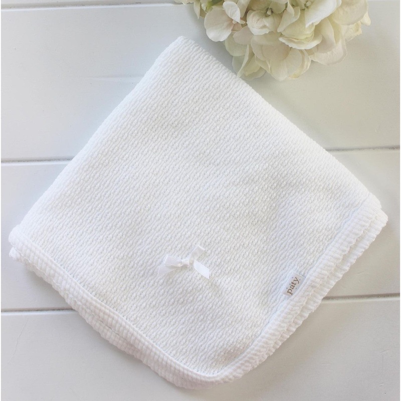Knit Receiving Blanket with Bow – White with White Accents