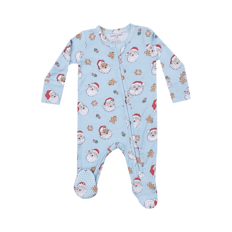 Bamboo Zipper Footie – Blue Vintage Santas with Gingerbread NB