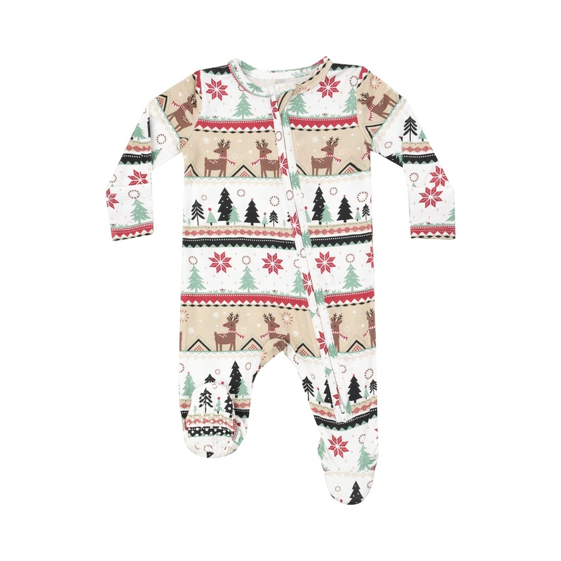 Bamboo Zipper Footie – Reindeer Fair Isle NB