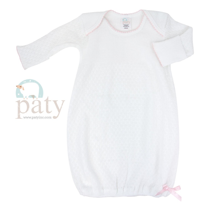 Knit Overlap Shoulder Gown – Pink Trim & Bow NB