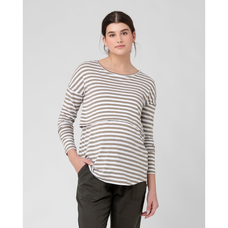 Lionel Long Sleeve Nursing Tee – Taupe/White XS