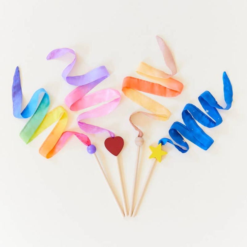 Mini Streamers – Silk & Wood Wand – Various Colors Rainbow