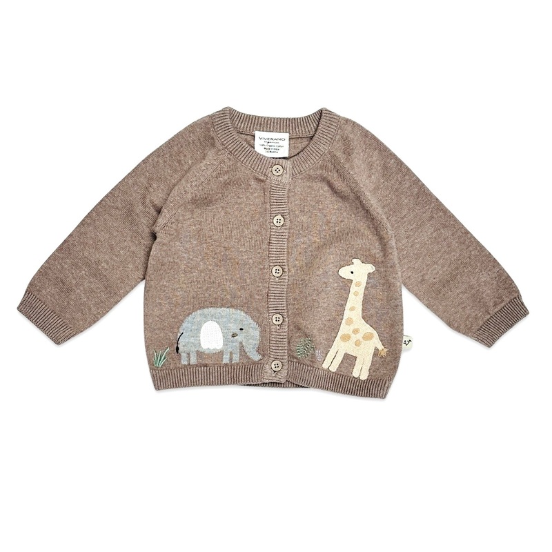 Organic Knit Cardigan – Cafe Latte Giraffe Elephant 0-3m