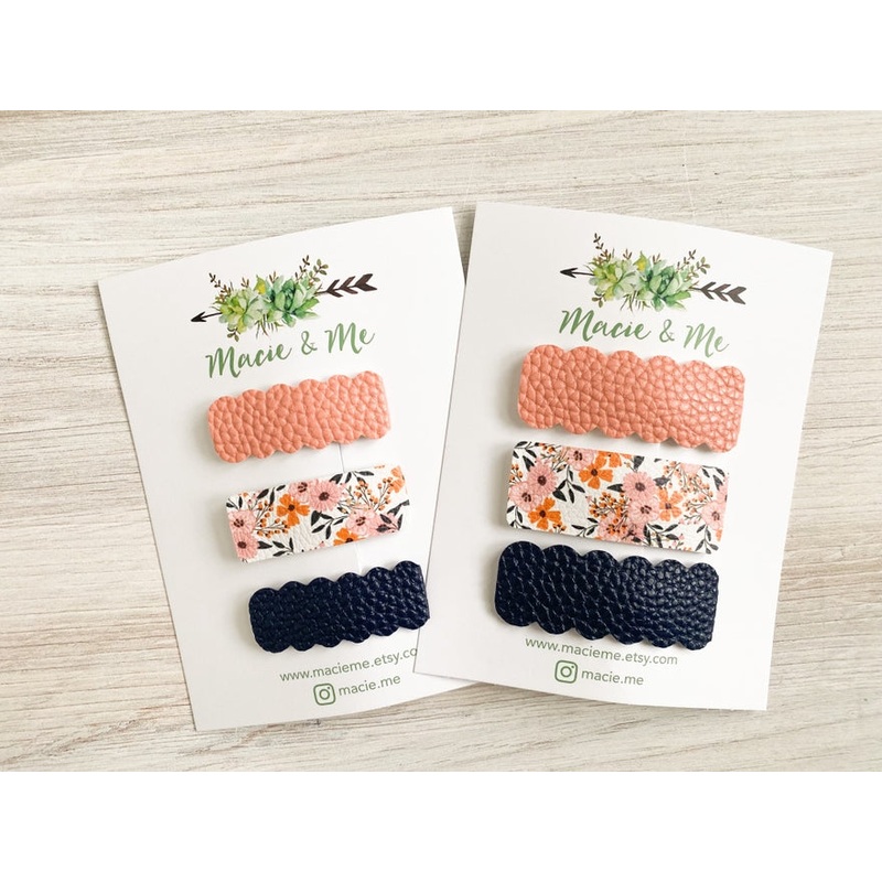 Set of 3 Snap Clips – Peach Pebble, Floral, and Navy Pebble