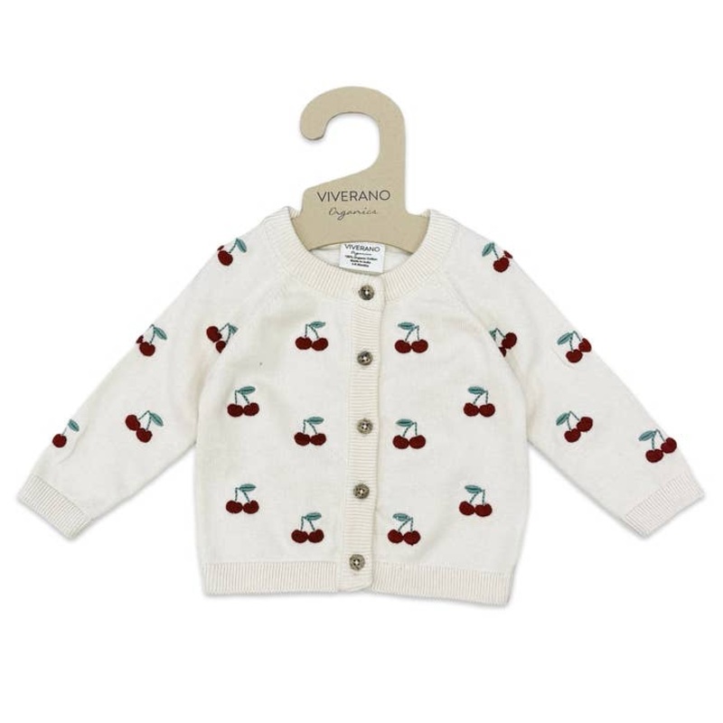 Organic Cherry Embroidered Sweater Knit Baby Cardigan 0-3m