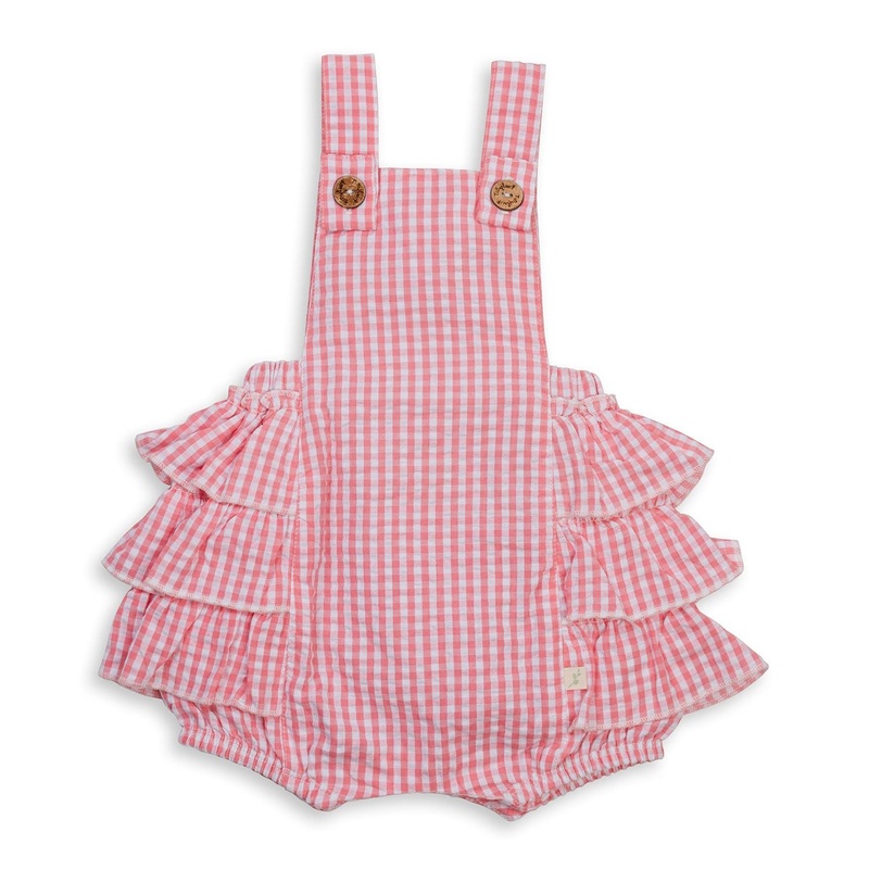 Organic Cotton Frill Overalls – Pink Gingham 0-3m